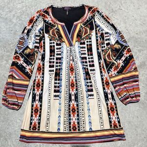 Hale Bob Dress Women XS Lined Mini Boho Southwest Aztec Native Baloon Sleeve